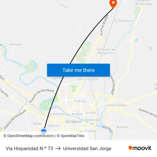 Vía Hispanidad N.º 73 to Universidad San Jorge map