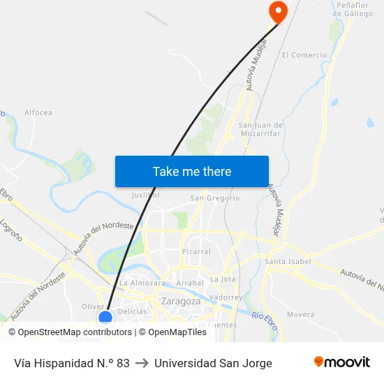 Vía Hispanidad N.º 83 to Universidad San Jorge map