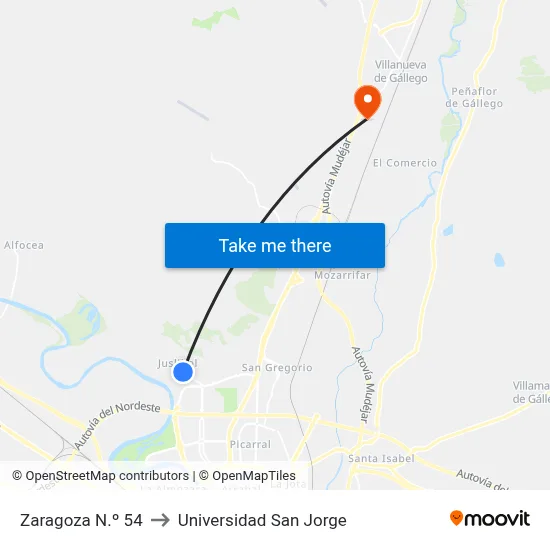 Zaragoza N.º 54 to Universidad San Jorge map