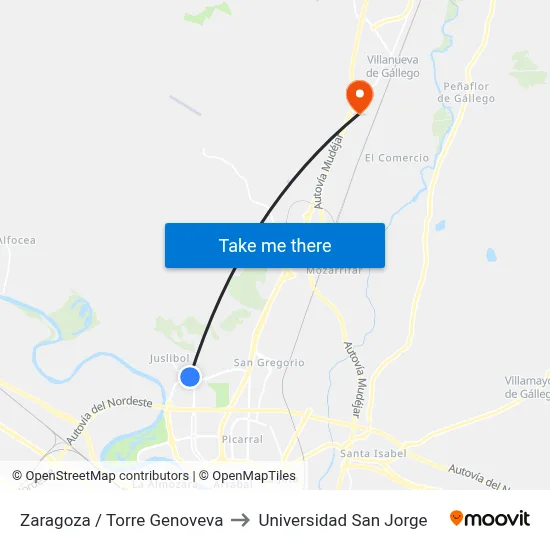 Zaragoza / Torre Genoveva to Universidad San Jorge map