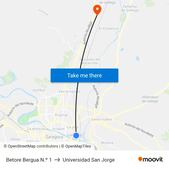 Betore Bergua N.º 1 to Universidad San Jorge map