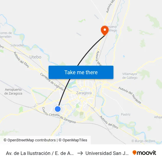 Av. de La Ilustración / E. de Aragón to Universidad San Jorge map