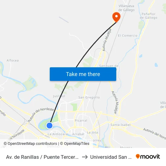 Av. de Ranillas / Puente Tercer Milenio to Universidad San Jorge map