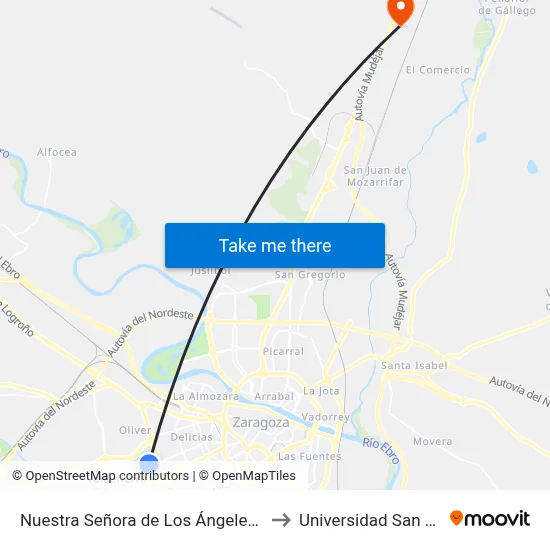Nuestra Señora de Los Ángeles N.º 20 to Universidad San Jorge map