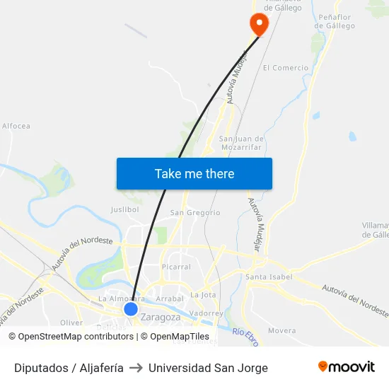 Diputados / Aljafería to Universidad San Jorge map