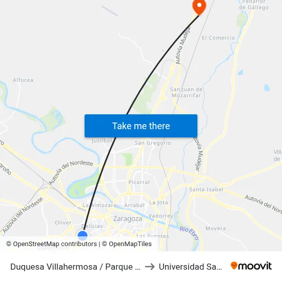 Duquesa Villahermosa / Parque de Delicias to Universidad San Jorge map