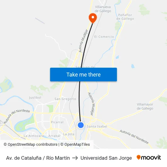 Av. de Cataluña / Río Martín to Universidad San Jorge map
