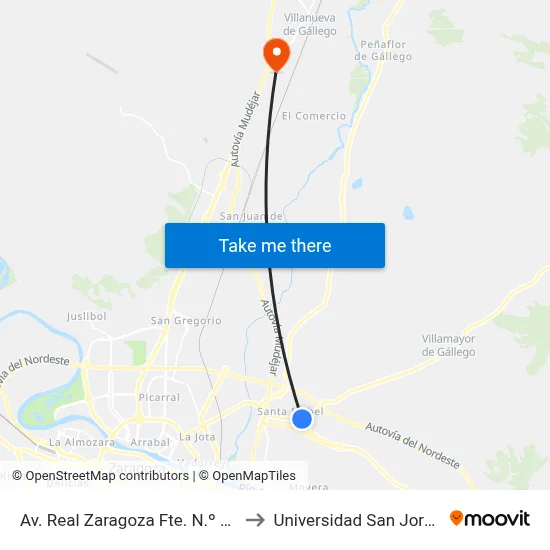 Av. Real Zaragoza Fte. N.º 63 to Universidad San Jorge map