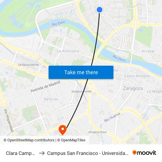 Clara Campoamor to Campus San Francisco - Universidad de Zaragoza map