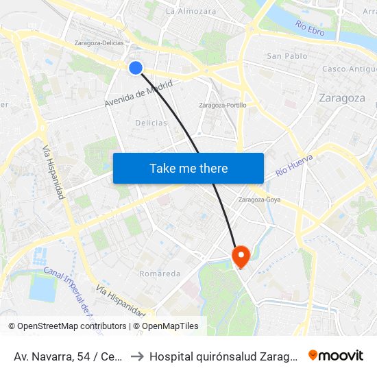Av. Navarra, 54 / Centro Cívico to Hospital quirónsalud Zaragoza-Urgencias map