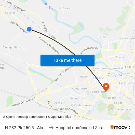 N-232 Pk 250,5 - Alcampo Utebo to Hospital quirónsalud Zaragoza-Urgencias map