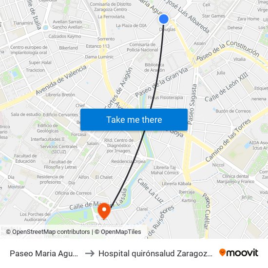 Paseo Maria Agustin Nº7 to Hospital quirónsalud Zaragoza-Urgencias map