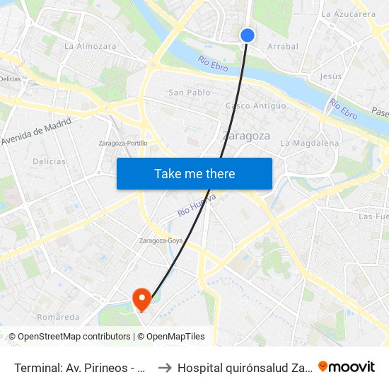 Terminal: Av. Pirineos - Puente de Santiago to Hospital quirónsalud Zaragoza-Urgencias map