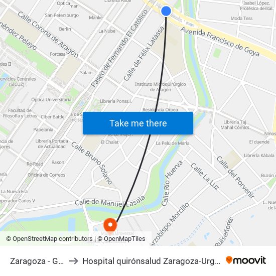 Zaragoza - Goya to Hospital quirónsalud Zaragoza-Urgencias map