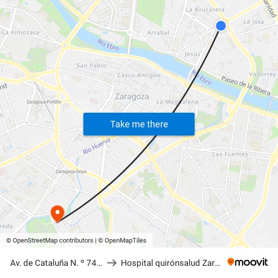Av. de Cataluña N. º 74 / Plaza Mozart to Hospital quirónsalud Zaragoza-Urgencias map