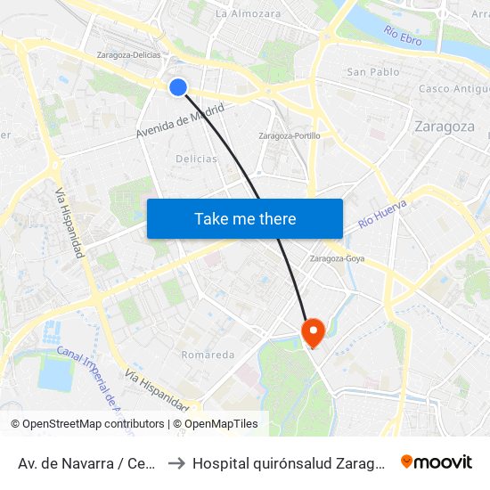 Av. de Navarra / Centro Cívico to Hospital quirónsalud Zaragoza-Urgencias map