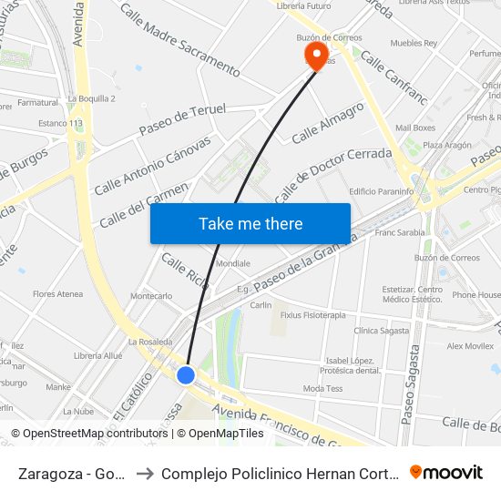 Zaragoza - Goya to Complejo Policlinico Hernan Cortes map