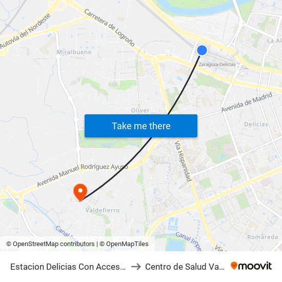 Estacion Delicias Con Acceso Llegadas to Centro de Salud Valdefierro map