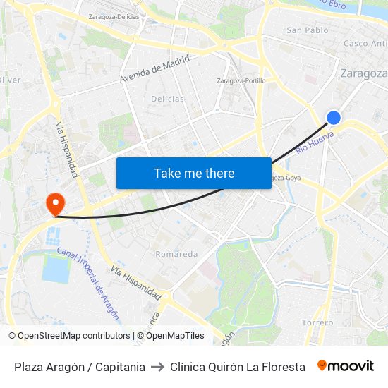 Plaza Aragón / Capitania to Clínica Quirón La Floresta map