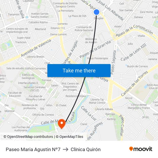 Paseo Maria Agustin Nº7 to Clínica Quirón map