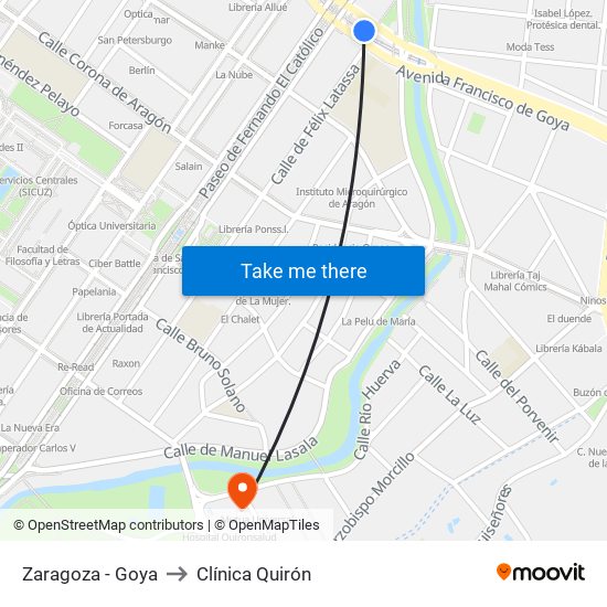 Zaragoza - Goya to Clínica Quirón map