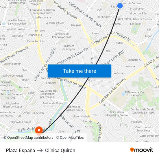 Plaza España to Clínica Quirón map