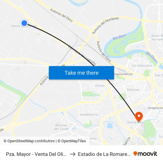 Pza. Mayor - Venta Del Olivar to Estadio de La Romareda map