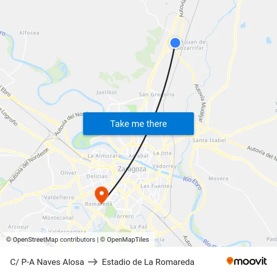 C/ P-A Naves Alosa to Estadio de La Romareda map