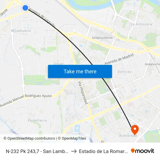 N-232 Pk 243,7 - San Lamberto to Estadio de La Romareda map