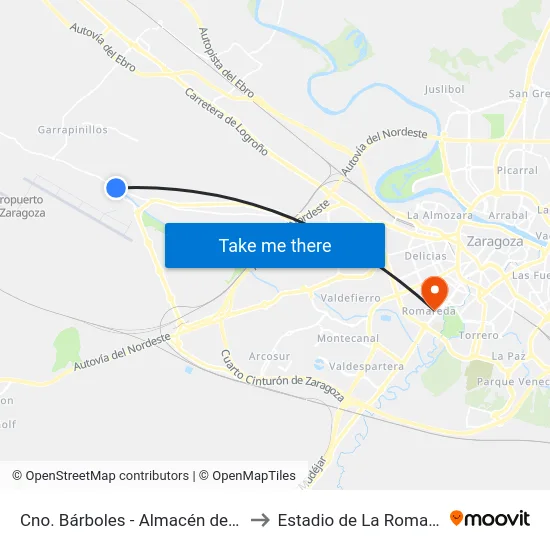 Cno. Bárboles - Almacén de Leña to Estadio de La Romareda map