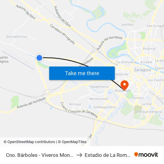 Cno. Bárboles - Viveros Montecarlo to Estadio de La Romareda map