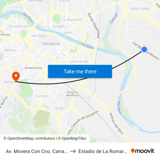 Av. Movera Con Cno. Carrasco to Estadio de La Romareda map