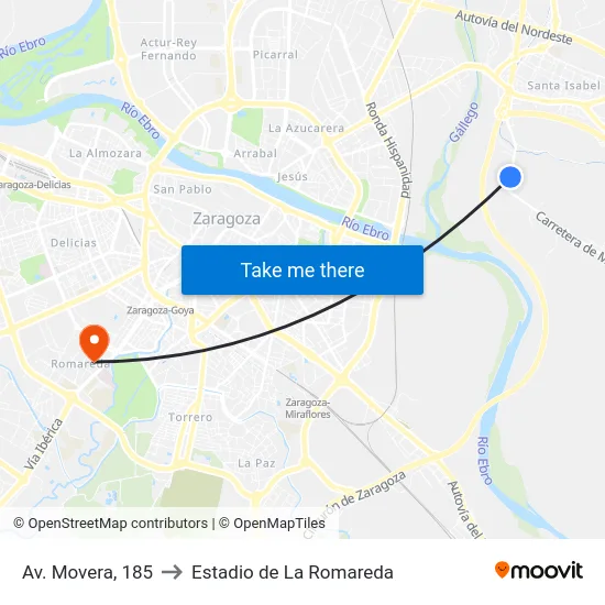 Av. Movera, 185 to Estadio de La Romareda map