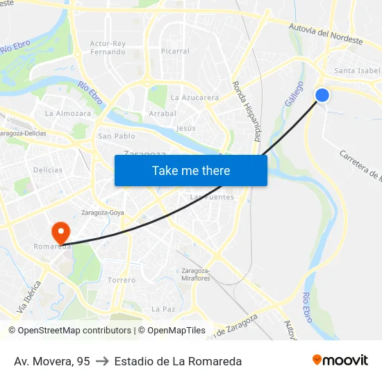 Av. Movera, 95 to Estadio de La Romareda map