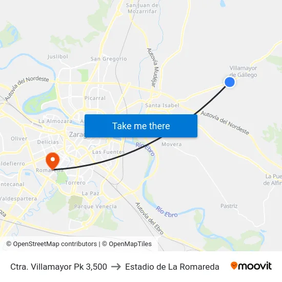 Ctra. Villamayor Pk 3,500 to Estadio de La Romareda map