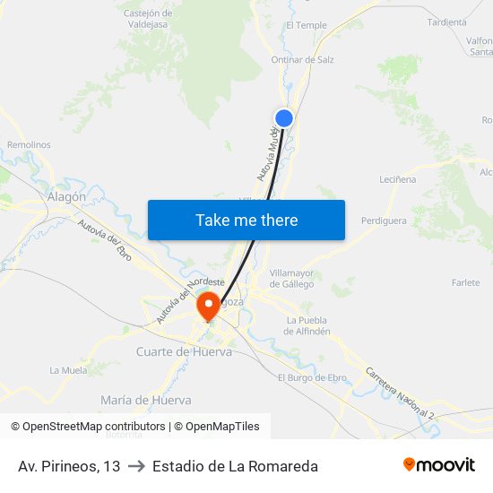 Av. Pirineos, 13 to Estadio de La Romareda map