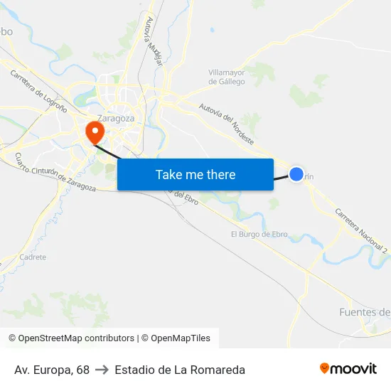 Av. Europa, 68 to Estadio de La Romareda map
