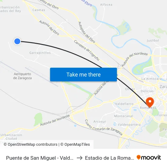 Puente de San Miguel - Valdenuez to Estadio de La Romareda map