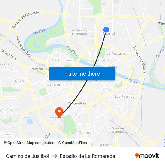 Camino de Juslibol to Estadio de La Romareda map