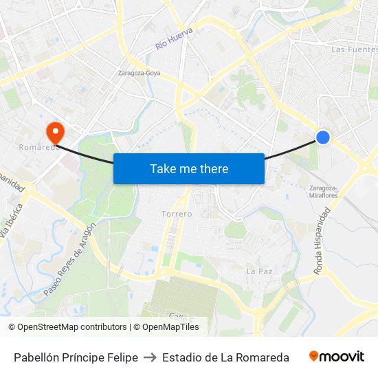 Pabellón Príncipe Felipe to Estadio de La Romareda map