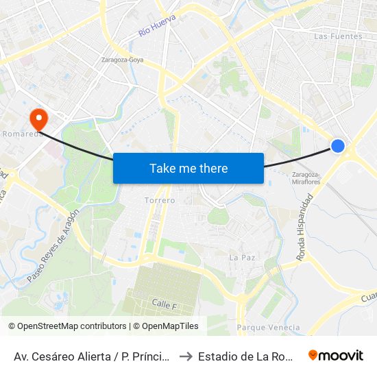 Av. Cesáreo Alierta / P. Príncipe Felipe to Estadio de La Romareda map