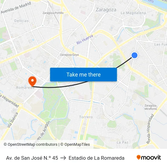 Av. de San José N.º 45 to Estadio de La Romareda map