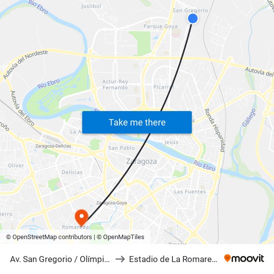 Av. San Gregorio / Olímpica to Estadio de La Romareda map