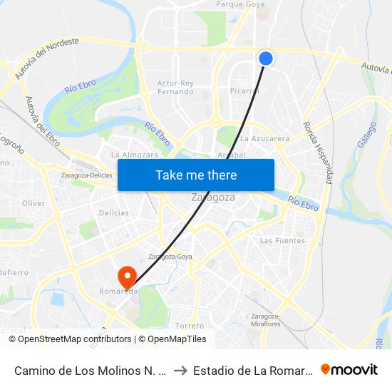 Camino de Los Molinos N. º 75 to Estadio de La Romareda map