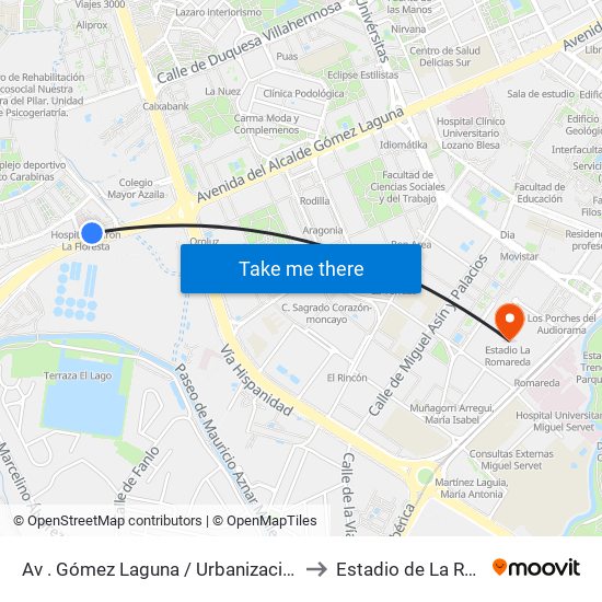 Av . Gómez Laguna / Urbanización La Floresta to Estadio de La Romareda map