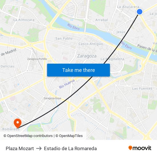 Plaza Mozart to Estadio de La Romareda map