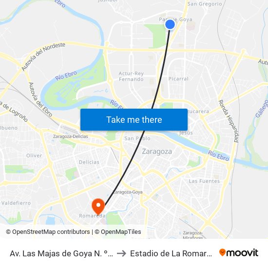 Av.  Las Majas de Goya N. º 15 to Estadio de La Romareda map