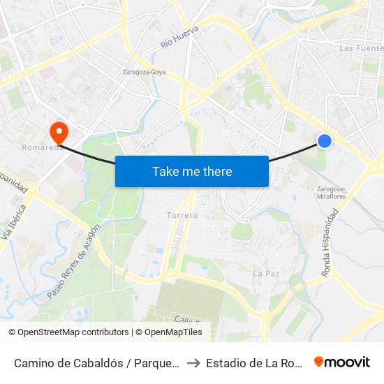 Camino de Cabaldós / Parque La Granja to Estadio de La Romareda map