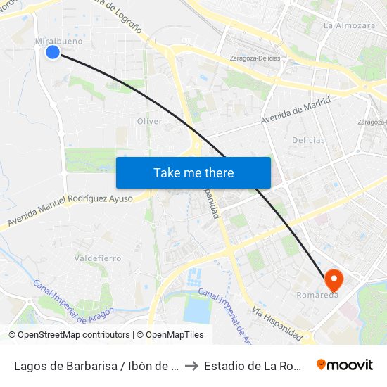 Lagos de Barbarisa / Ibón de Catieras to Estadio de La Romareda map
