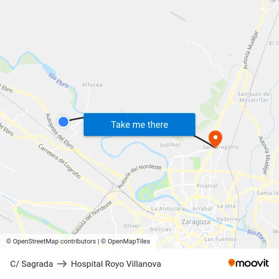 C/ Sagrada to Hospital Royo Villanova map